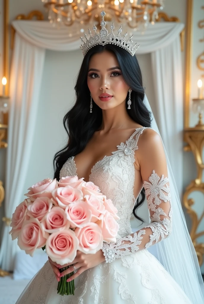 (medium full shot) of (vivacious young woman:1.1) bride, philippine with long dark hair tied in a bun, brown eyes, tan skin, medium build, wearing Sequined crop top with sweetheart neckline, sequined mini skirt with slit, sequined headband, glittery pumps, wedding veil, delicate pearl necklace and earrings set, holding a bouquet of tropical bouquet of orchids and hibiscus blooms, scared at the viewer, pointing her finger at the viewer, .set in castle Ballroom, Lavish space with a gleaming parquet floor, crystal chandeliers hanging from the ceiling, gilded mirrors reflecting dancers in ornate costumes, a stage for musicians, and silk draperies framing tall windows , at night. .Masterpiece,best quality, photorealistic, amazing quality, very aesthetic, extremely detailed face,