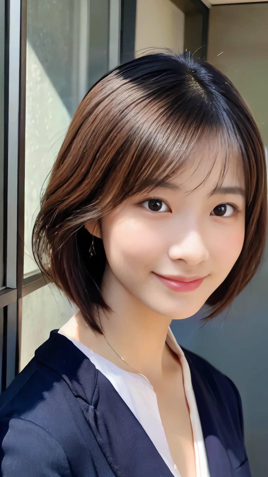 (highest quality、16k、masterpiece、realistic、Super detailed、Beautiful in every detail、ray tracing)、photograph、 At the office、((遠くからwhole bodyが写るように撮影))、 beautiful asian woman、japanese woman、25 year old female model、whole body、blazer、 (detailed face、golden ratio of beauty)、gentle smile、黒髪、((medium bob hair))