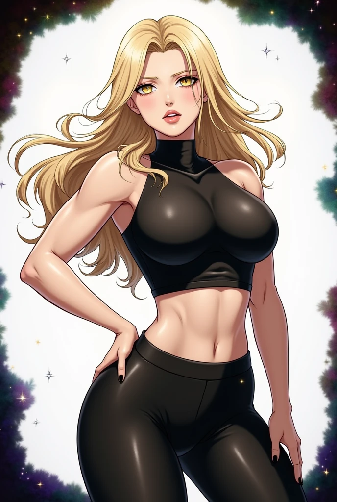 Jojos bizarre adventure style Girl with long icy blonde hair, green eyes, curves, black tube top and flared pants, very tan skin, freckles, dark upper lip