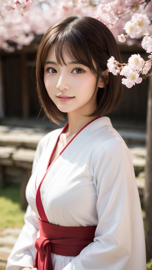 (masterpiece, highest quality:1.2), throw, focus only, Upper body, 1 girl, put your hand on someone else's cheek, smile, pink hair, blue eyes, kimono, kimono, Cherry tree,huge breasts,smile