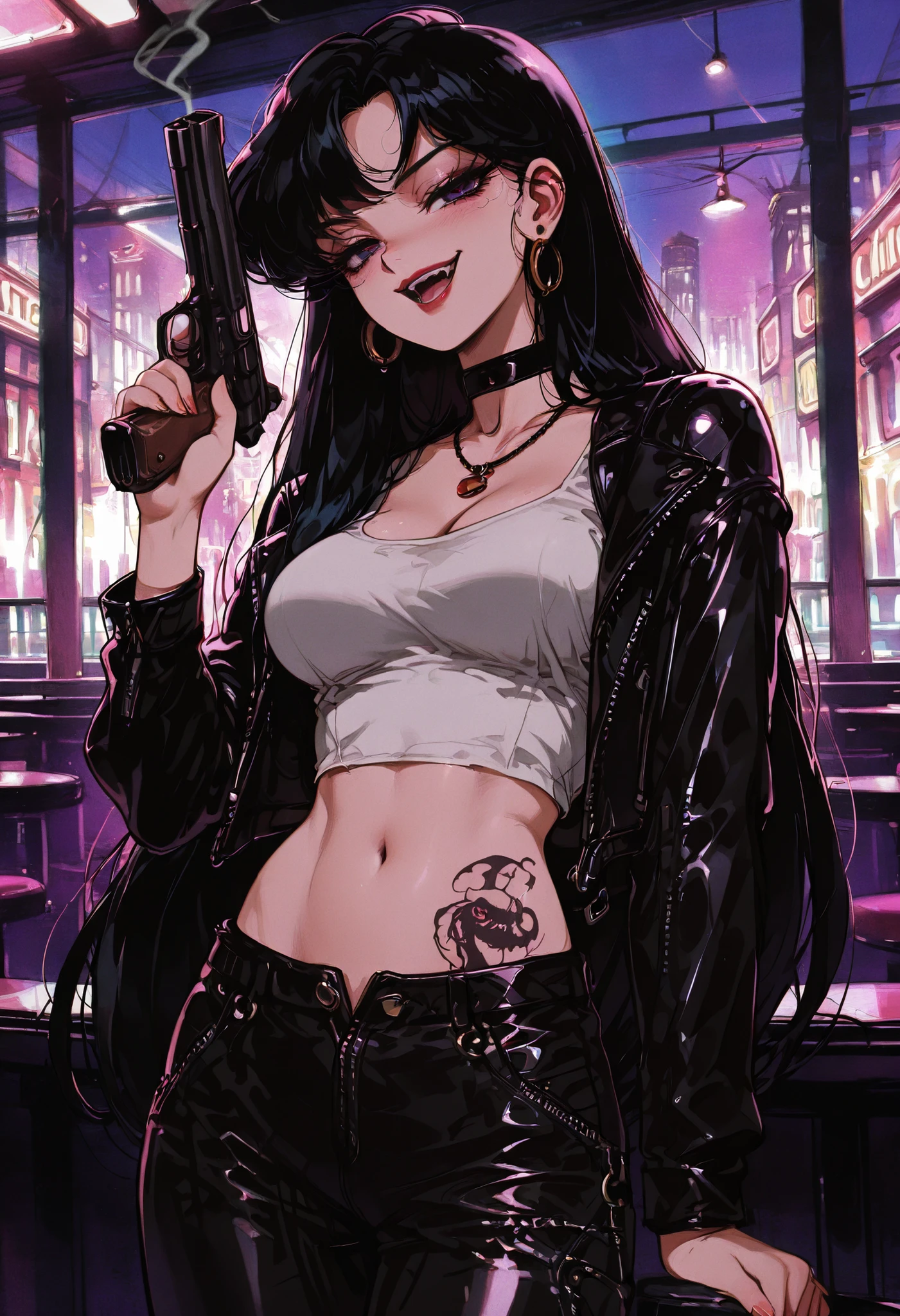 masterpiece, best quality, 1girl, solo, eyelashes, (beautiful eyes),   1girl, solo, long hair, looking at viewer, bangs, black hair, ,earrings, choker, necklace,  black eyes, , black choker, film grain, long hair, looking at viewer, black hair,  , black choker, hoop earrings, 1980s (style), film grain, hino rei  , , ear piercing, long hair, blush, lipstick,Hot girl, baddie, smoking, sensual, attractive ,bar
background, inside bar,indoors, cityscape, casino, nightclub, city lights, masterpiece, best quality, highly detailed, a girls with a gun, evil smile , open mouth, sexy gaze, badass
pose , evil smile, smile, (nsfw) not safe for work, guns blazing, anime girl with long hair, beautiful long
haired girl, navel, evil expression, exposed belly, exposed navel, exposed midriff, exposed lower belly,
long black pants, cleavage, unbuttoned leather pants ,open fly, low rise black leather pants,
leather jacket, holding a gun, holding pistol, navel piercing , ,unbuttoned shirt, collared
shirt, knot, , waist dragon tattoo, narrowed eyes, tattoo waist,, smirk, medium large breast, 