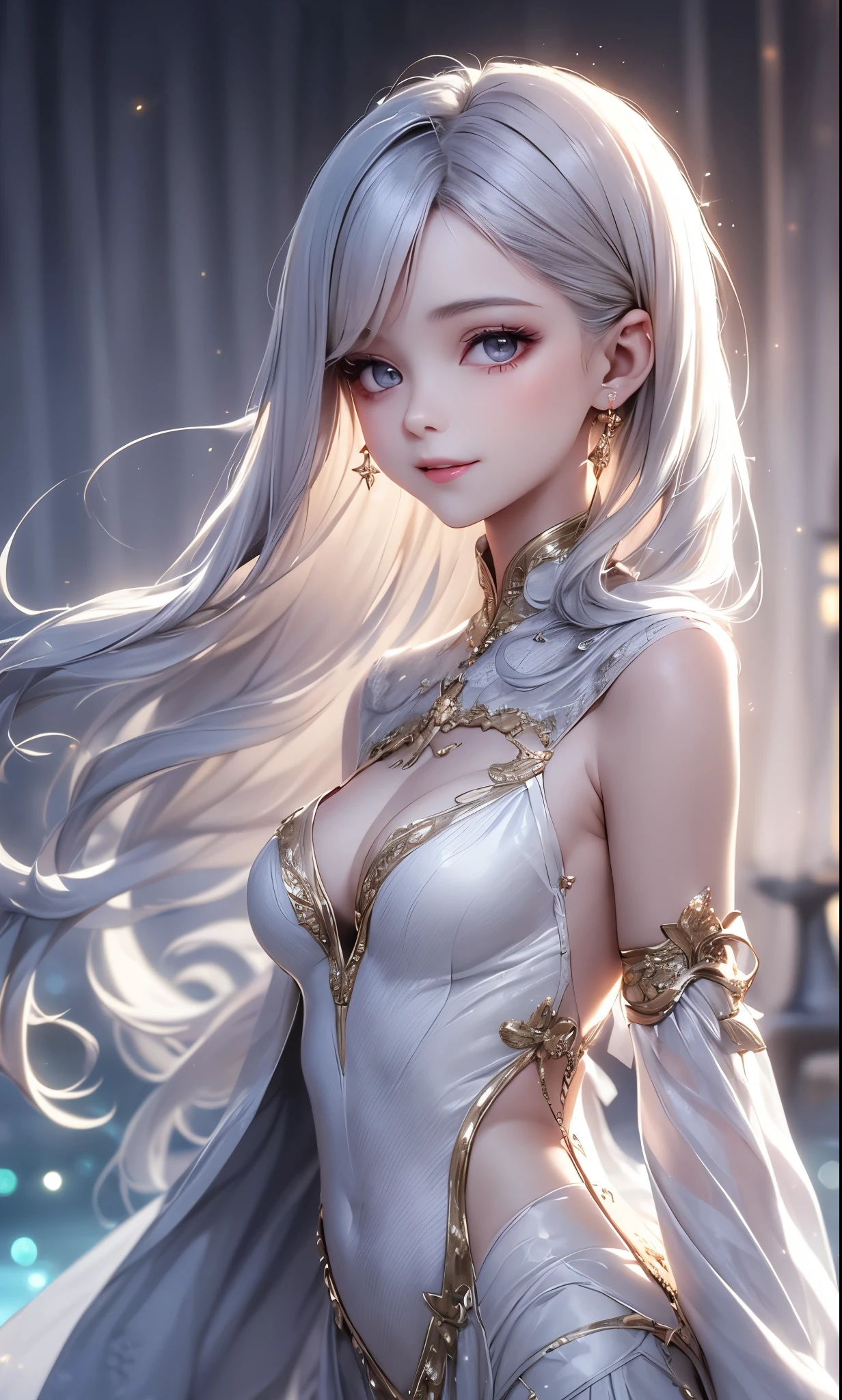 (masterpiece),(4K),High Quality,(small breasts, cleavage),sexy girl、Sexy Saint , Long Silver Hair ,pale skin,smile, beautifully detailed grey eyes, ( high-definition and elegant ),( white cape let fashion), Magical Color and Atmosphere, detailed skin from sleeve to chest,(Cute sparkle), light particles, The background is softly blurry ,Add a dramatic and iconic element to your scene, description boundary depth, Bokeh, Silky to the touch , see-through silk, soft, lightweight garment、beautiful and neat face、see-through 、 hyper details,creates a dreamy and elegant atmosphere, from side