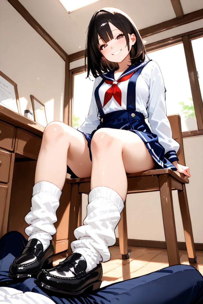 (Highest quality:1.2, Manga works, Manga style, Very detailed, Latest, Vibrant, digital coloring, High Contrast, masterpiece:1.2, Highest quality, Best aesthetics, There is), ((( 1 female:1.2)))、Random hairstyle、Random Face、Sailor suit、loafers、(White shirt、Pleated skirt、Knee-high socks、White simple panties:1.2)、Beautiful thighs, Open your mouth、Like sucking, Sensual look、shout、Hollow Eyes、Voluptuous bust、Camel Toe、On a desk in the classroom、From below、Nice body、upright、Stand with your feet apart、Hands in chains