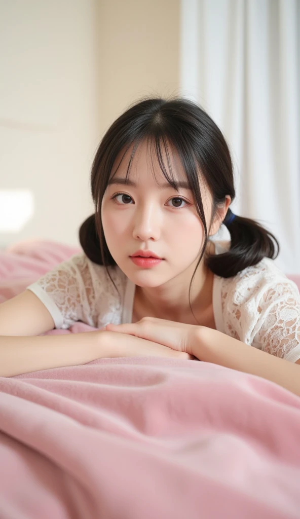 (Highest quality, 8K, masterpiece ), A 15-year-old junior high school student with a young face、Bun hairstyle:1.2、 bangs、The eyes are big and clear、Bra shows through shirt,Black Hair、Glaring、Very Short Hair、Big Breasts、bangs:0.6,Glamour thighs:1.2、Tight white training shirt、Highly detailed face, double eyelid, Strong natural light、Round face:1.2、whole body、Sexy thighs:1.2、round face:1.3、Side Angle,Diagonal horizontal angle:1.2、Tight shorts、On the bed、