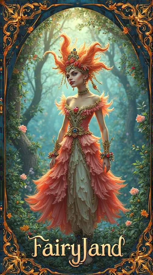 The Fractal Sorceress: In the heart of an intricate forest, a character stands tall. Her dress is made of vibrant flower petals and her hair flows like water, cascading with veins of golden fractals. Her skin, a beautiful wallpaper of leaves and flowers, reflects the world around her. Holding a staff topped with a glowing Fibonacci spiral, she commands the energy of the cosmos.,
<lora:fractal-art.v1:1>