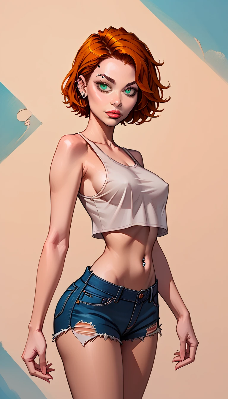 (high-level image quality), (high quality), (high resolution), (detailed), (masterpiece), beautiful woman, ((caucasian)), green eyes, red hair, short hair, dark red lipstick, slender body, perfect eyes, Detailed face, seductive, booty shorts, cropped, nsfw,