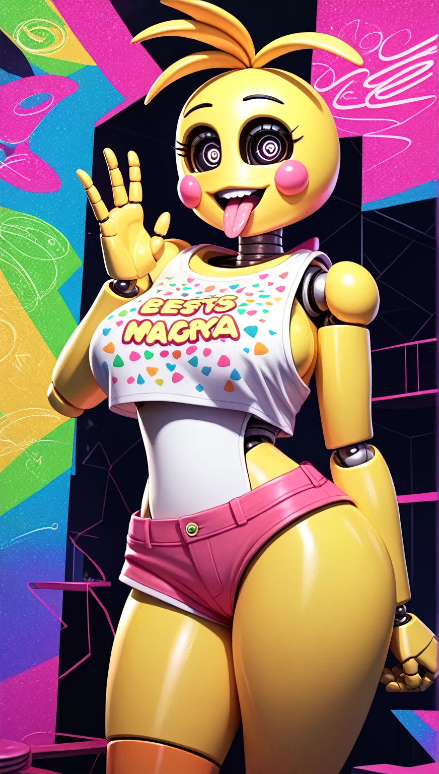Super huge big breasts breast enlargement blush shy shut up smile full-body shot Fnaf Chica sexy robot yellow skin bib