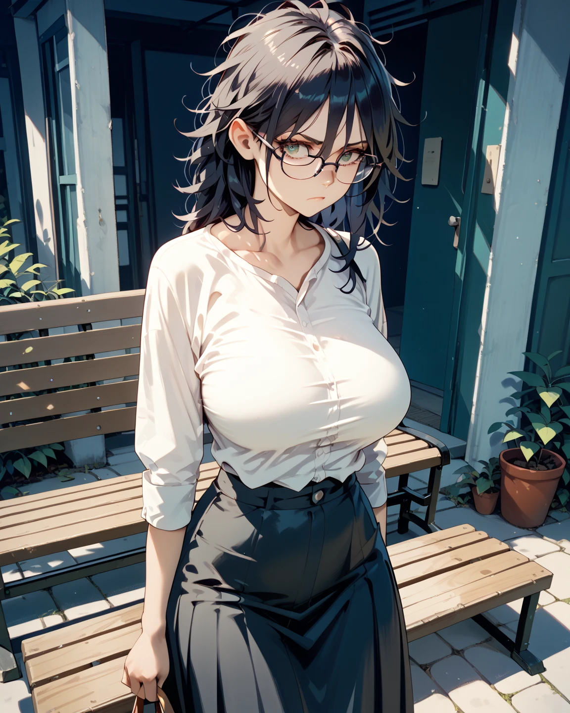 A short chubby woman wearing formal colorful dress. Glasses, long black hair, dull dark eyes. Massive breasts. Detailed Suburban Background. Portrait. Front Facing.