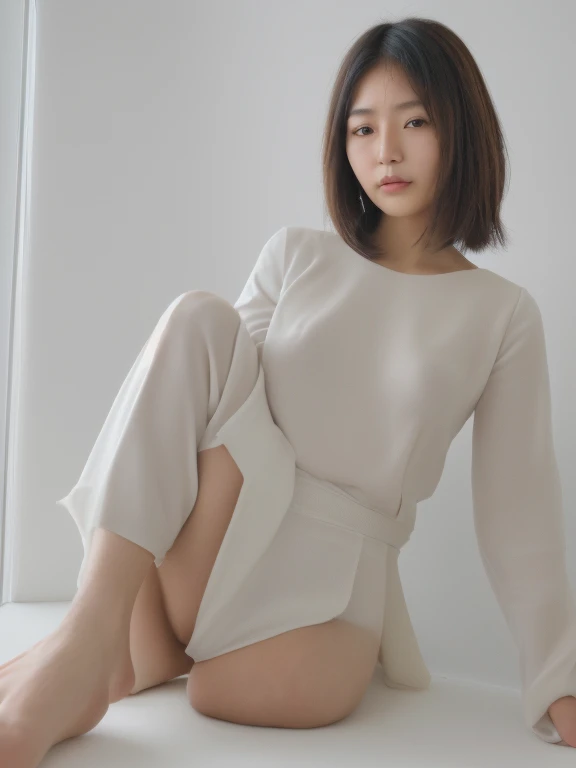 silk transparency,high score hair、individual,34 years old, A young man with silver hair biting his lip,Sitting position,towards the camera,Sitting position双抬腿)(camel toe),(no),(didn't bring it),Sitting position,crotch top,fascinating,high heel, long legs, Strong leg muscles,