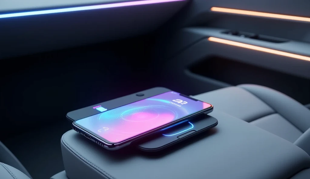 8k Interior car console showing a smartphone on a wireless charging pad, glowing icons, nearby USB-C ports, sleek luxury interior, minimalist futuristic layout, realistic lighting