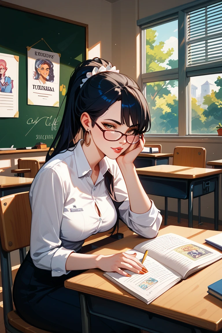 (8K,RAW photos,High light sensitivity,best qualtiy,Very delicate hair,tmasterpiece,超高分辨率,Fidelity:1.25)kr-pny,thin frame glasses,frontage,Double up braid,partedbangs,1girll,校服,Dark gray cardigan jacket,Dark gray blazer,pleatedskirt,Plaid skirts,brown hair,huge tit,round frame glasses,looking at book,Shy and quiet girl,view from long distance,Hold the book,high school classroom