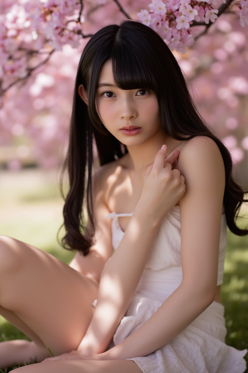 highest quality, High resolution, Realistic photo, Detailed skin texture, ((Cute 8 year old Japanese girl wearing a short white lace camisole)), View your viewers, Slim figure, Attractive gaze, Fair skin, (Flat Chest:1.5), Straight long hair, (:1.2), In the park with cherry blossoms falling