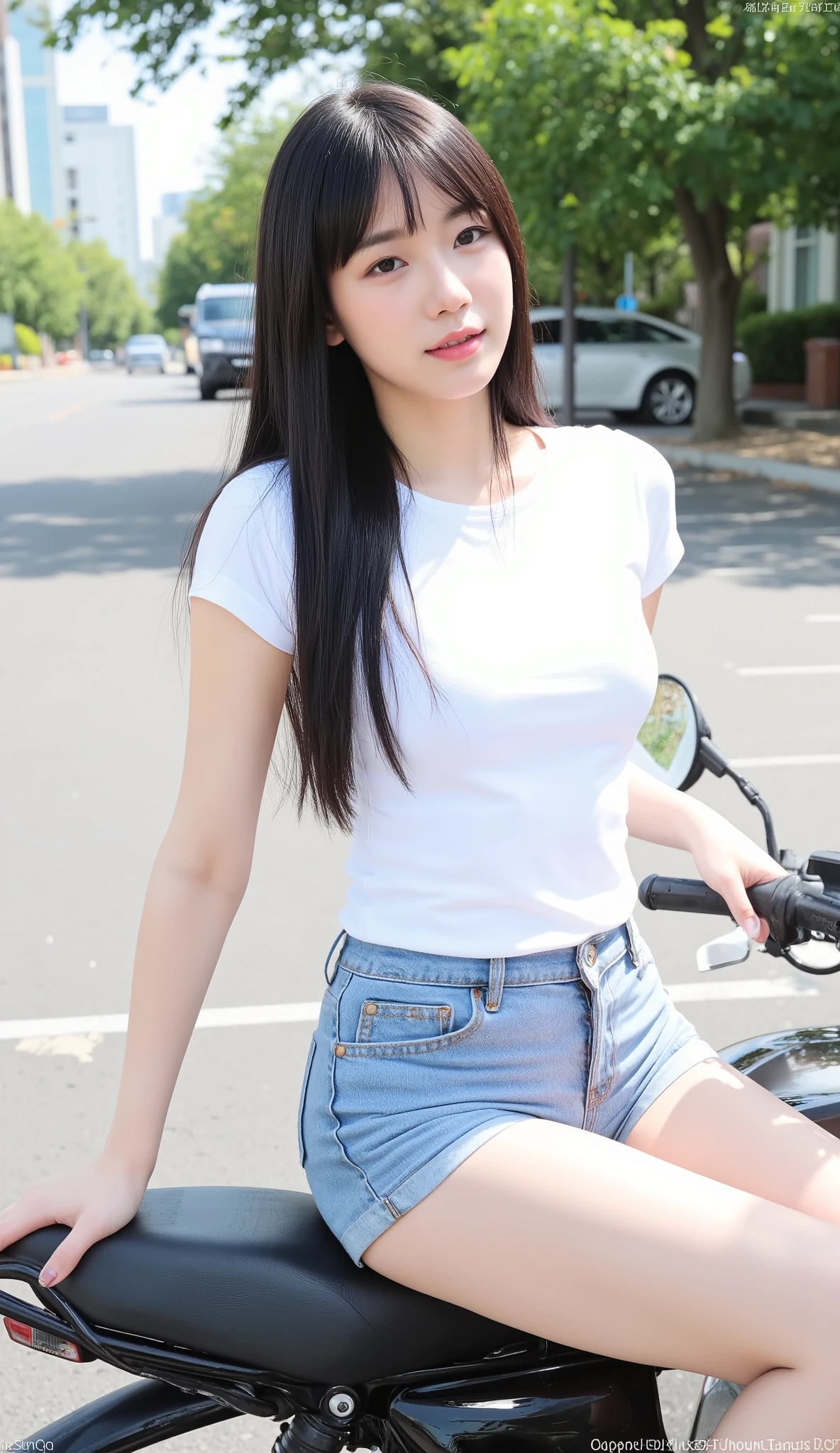 (masterpiece:1.3), (8k, Realistic, RAW Photos, highest quality:1.4), (Realistic face), (Brown Hair, Single braided hair:1.3), Beautiful Hairstyles, Realistic eyes, Beautiful little blue eyes, (Realistic skin), (Beautiful Skin), (((Riding a motorcycle outdoors))), charm, Ultra-high resolution, Golden Ratio, Long limbs、((smile)), ((Full Body Shot)), ((((White short sleeve T-shirt))))、((Jeans and sneakers))