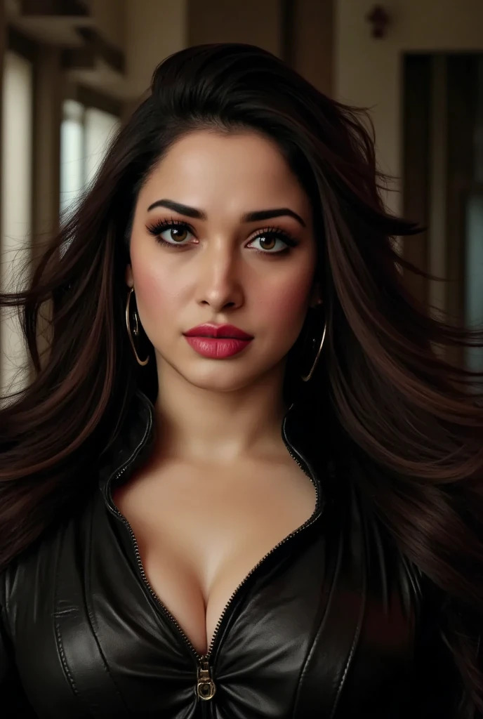 Portrait of aishw   <lora:AishwaryaV1:0.9>  , as a beautiful female model, cleavage, beautiful face, in cyberpunk city at night. she is wearing a leather jacket, black jeans, dramatic lighting, (police badge:1.2)
