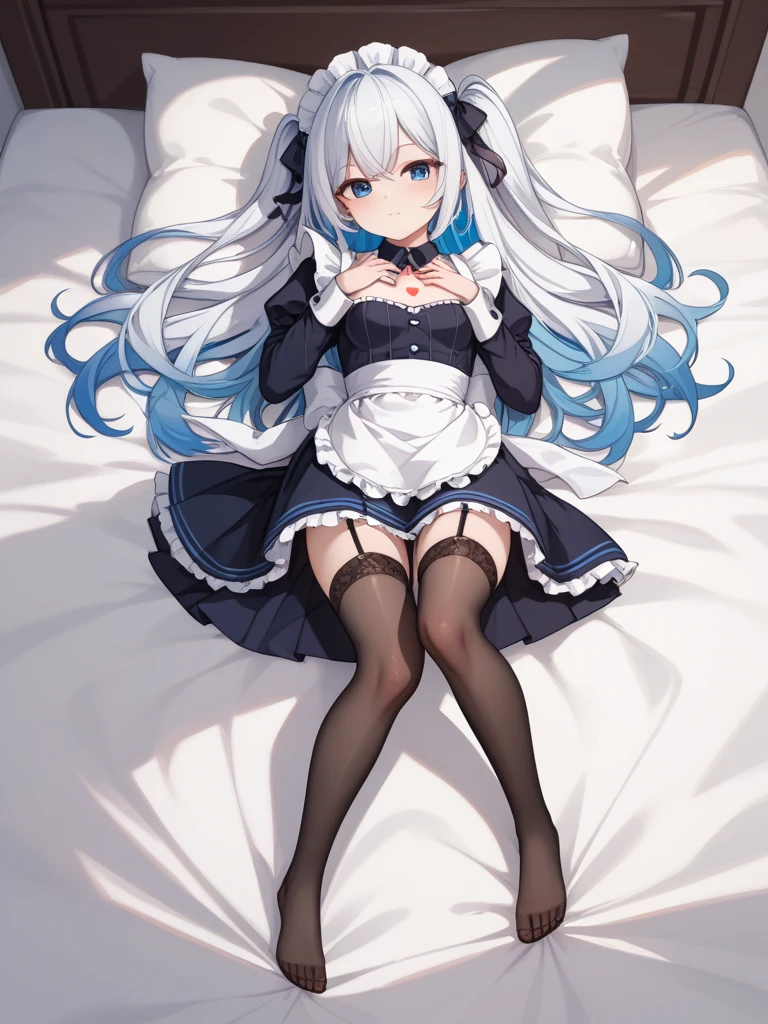 (best quality), (((dakimakura))), ((masterpiece)), (highres),(extremely detailed CG unity 8k wallpaper), 1girl solo with cute face, cherno maid, maid, white long hair, black single braid,black kneehighs, garter straps, black garter straps, arms up, armpits, foot,uwabaki,