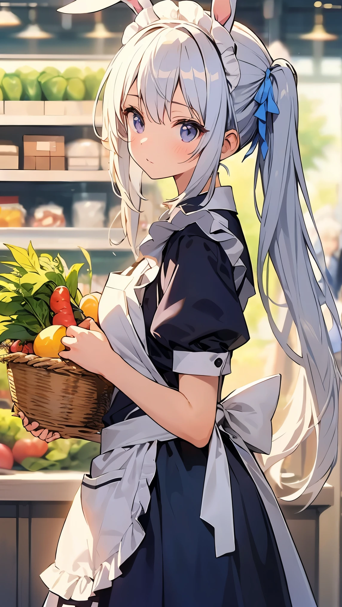 Bunny ears, white hair, twintails, maid, maid apron, deep blue shirt, shopping basket, buying vegetables, thinking about what to buy, tilt one's head