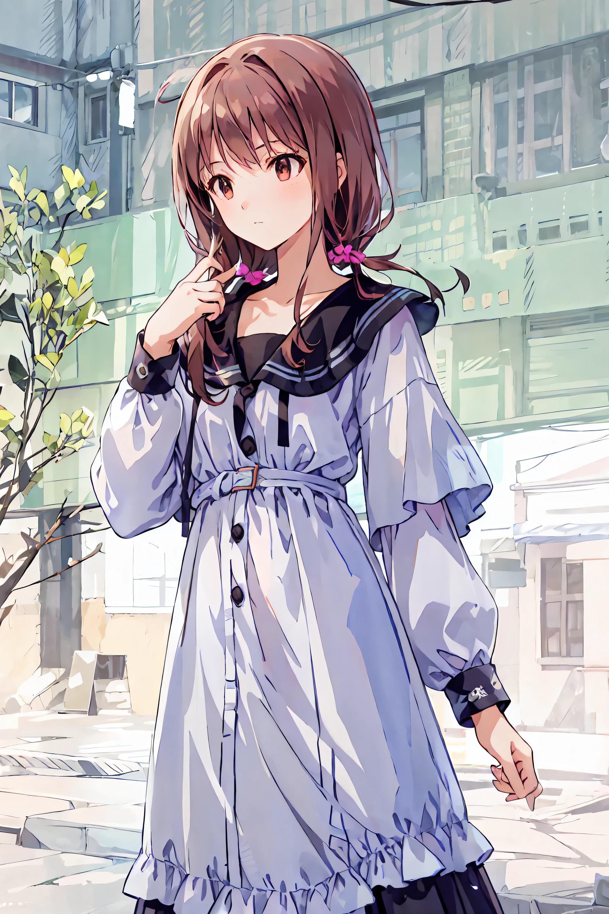 dull bangs, princess cut, quick bang, NFSDW , retina, masterpiece, accurate, textured skin, very detailed, 解剖学的に accurate, More Information , High Quality, nothing, 最 High Quality , cute, A girl of a beautiful age , dull bangs, curly hair, turn your arms around your back , clavicle, thigh , uniform, , small , amazing、 Hair,Shortcut,unkempt hair,Short braided hair,Neat, slender beautiful woman, correct posture,Small chest,beautiful legs,enchanting gray-blue eyes shine like stars along with the background,droopy eyes,bright colors,Beautiful Eyes,A delicate smile,Textured Skin,best quality, gentle and beautiful woman ,anime-style、