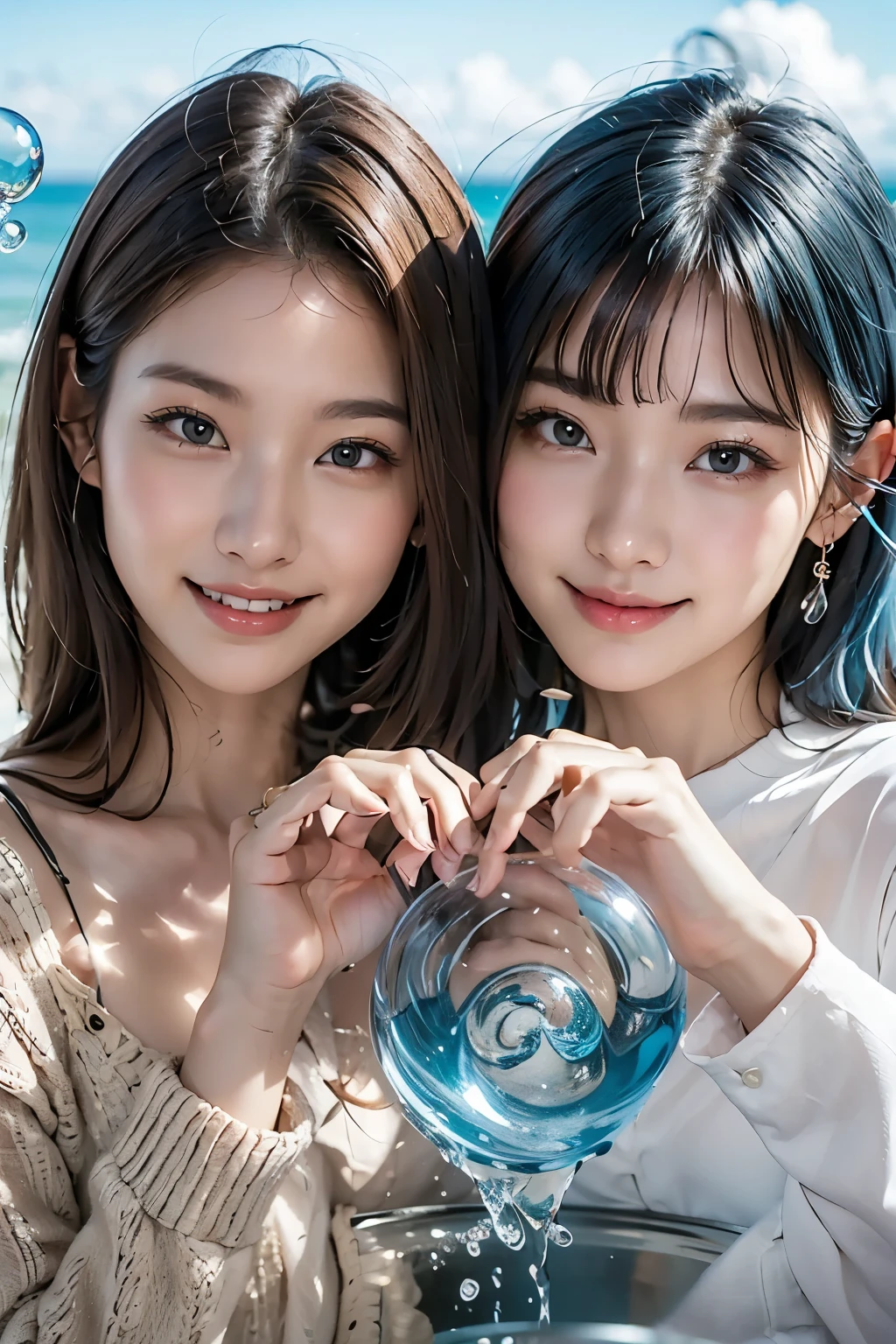 in the ocean、Bubbles are floating in the water
