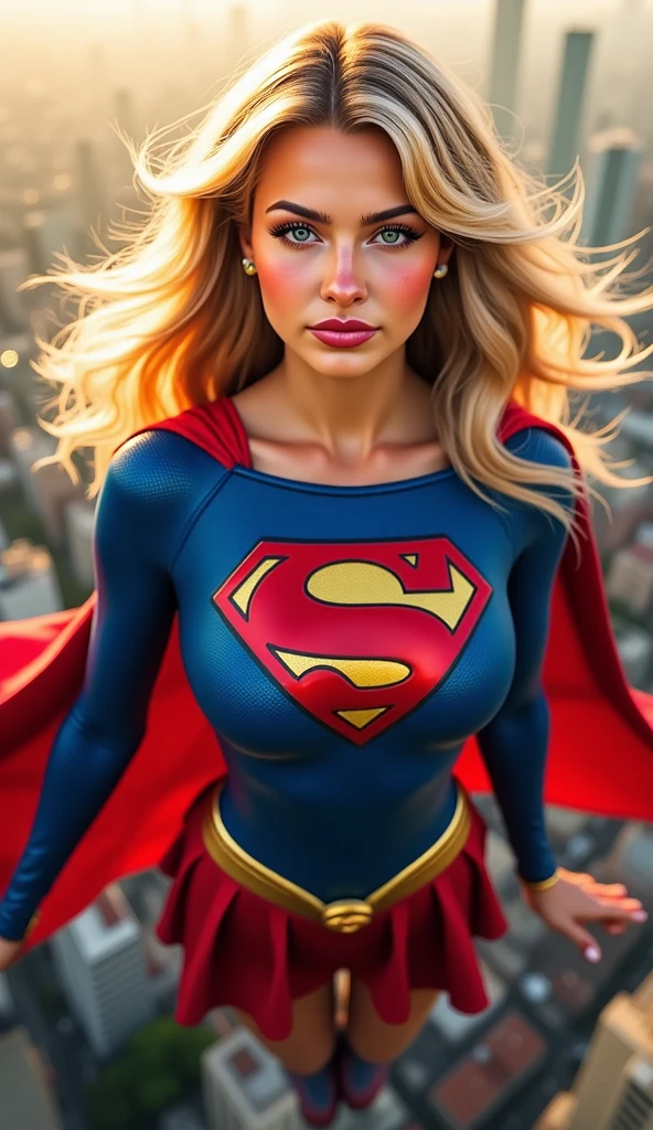 INSANELY SEXY, RIPPED MUSCULAR BUSTY BOOBS SUPERGIRL WEARING THE ORIGNAL GOLDEN AGE SUPERGIRL COSTUME FROM 1950. SOARING WHILE TAKING A SELFIE.
