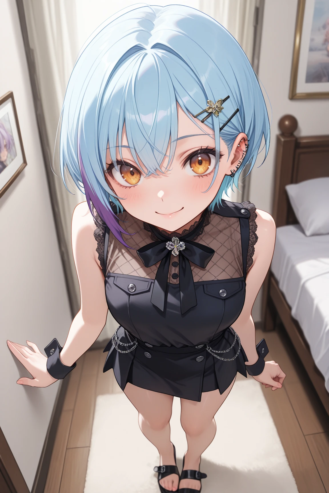 Kamisonoda, umi sonoda, long hair, blue hair, (yellow eyes:1.5) (flat chest:1.2),looking at the viewer, happy smile, smile, open your mouth,short braided hair,heart shaped eyes, small breasts, blush，show viewer, from below, concentrate, Beyond the particles of light, ラブホテルのBedroom, blue bra，blue garter belt，blue string underwear，Blue tights，I look at the viewers who are crotcheting.,break,
break indoors, Bedroom,
break (masterpiece:1.2), highest quality, High resolution, unity 8k wallpaper, (figure:0.8), (detailed and beautiful eyes:1.6), highly detailed face, perfect lighting, Very detailed CG, (perfect hands, perfect anatomy),