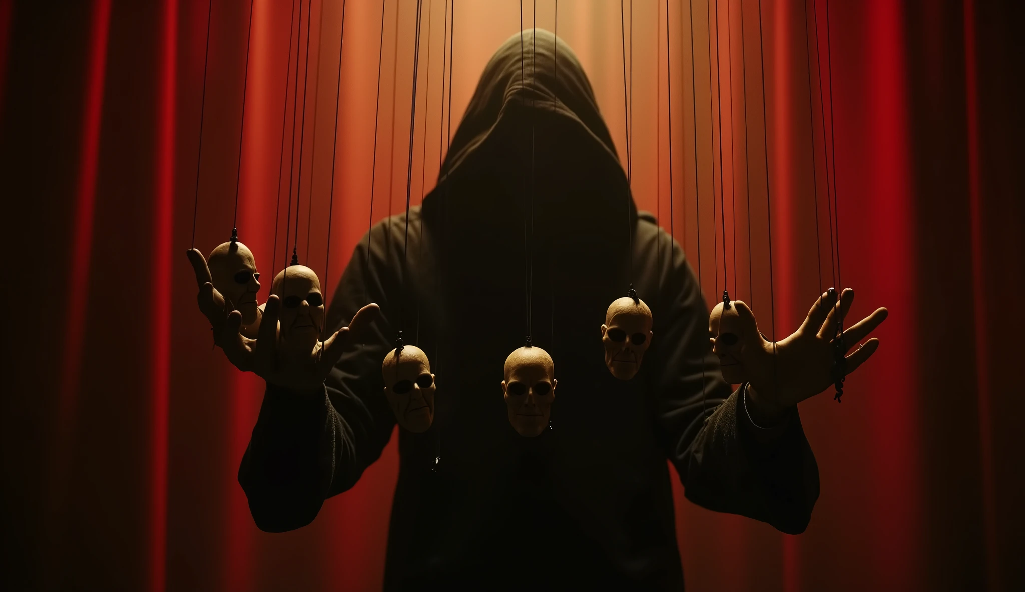 A dark and intense music video showcasing a shadowy figure manipulating marionettes with invisible strings. The setting is a dimly lit, theatrical stage where faceless puppets move unnaturally, controlled by unseen forces. The puppet master, shrouded in mystery, orchestrates deception with elegant yet unsettling precision. As the video progresses, reality begins to fracture—paper-thin masks crack to reveal hollow faces, and the strings entangle the protagonist, pulling them into a web of lies. The visual style leans into psychological horror, with rich contrasts of deep crimson and gold lighting, emphasizing the themes of control and deceit. Cinematic close-ups highlight the tension between the puppet master and their victims, culminating in a moment where the strings snap, leaving everything in eerie silence.