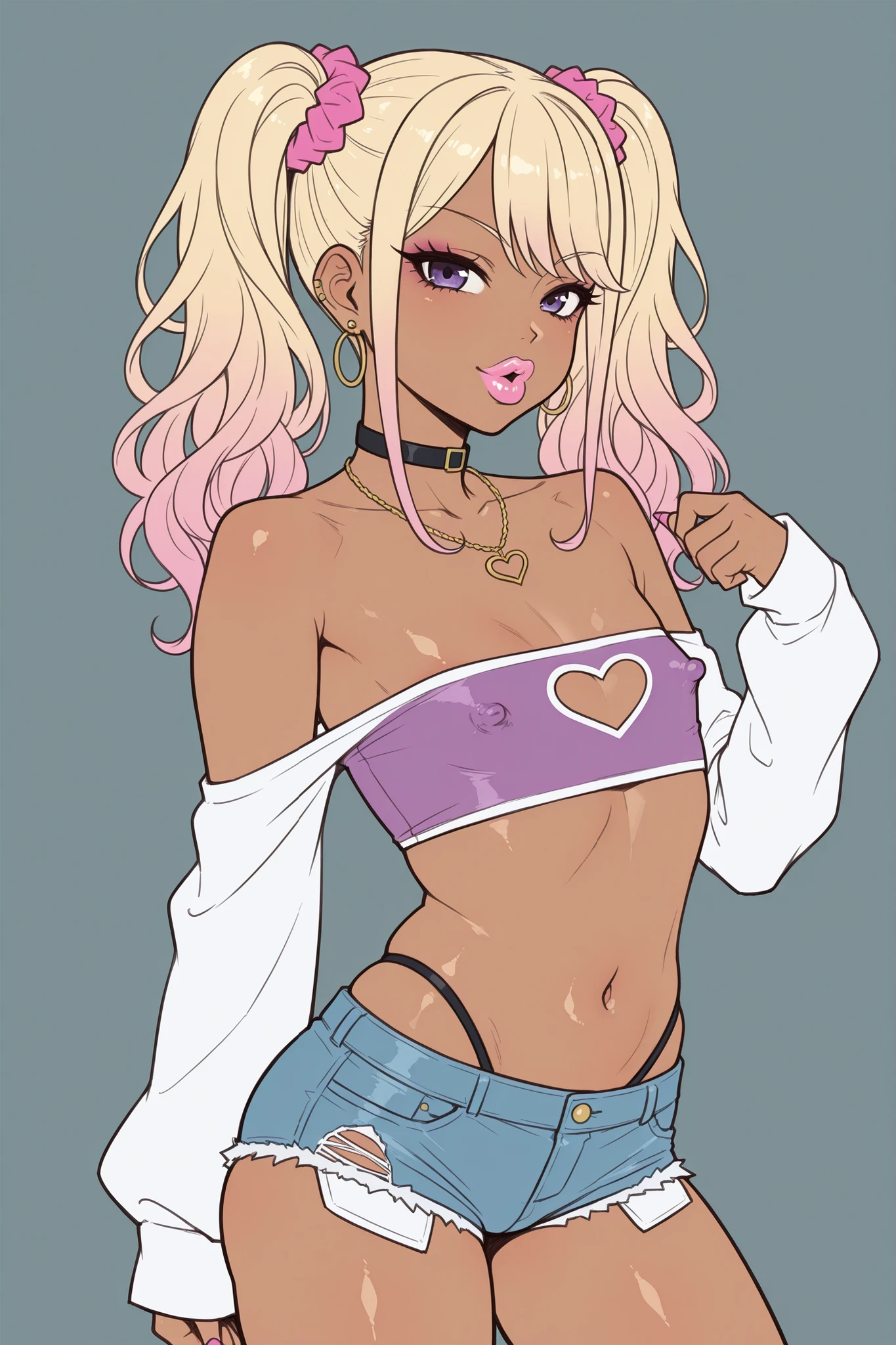 master piece, high quality, 4k uhd,kuro gyaru, tan skin, looking at viewer, bimbo lips, flat colours, flat chest, off shoulder long sleeve tube top, nipple bulge, short shorts,