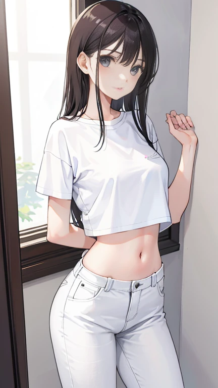((masterpiece, best quality)),((highres:1.2)), 1 Girl, solo, Blurred Background, (((Small breasts))), Thighs, (Stripe underwear), T-Shirts,