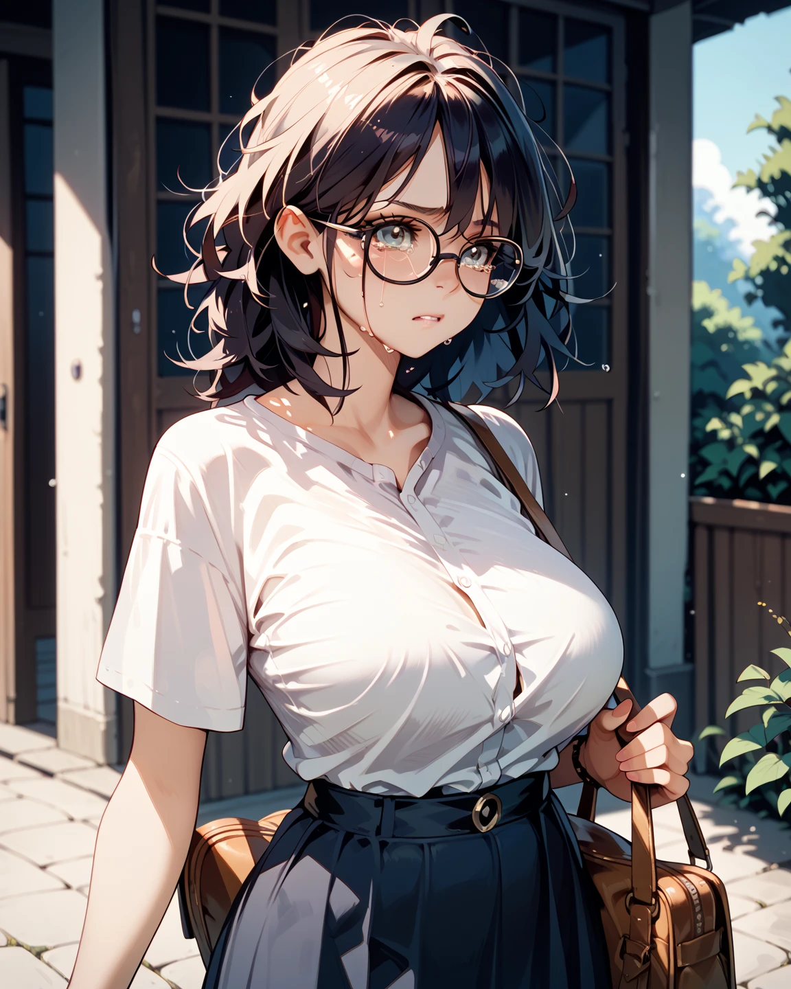 girl, short brown hair,glasses,gyaru fashion portrait,selfie,flipphone