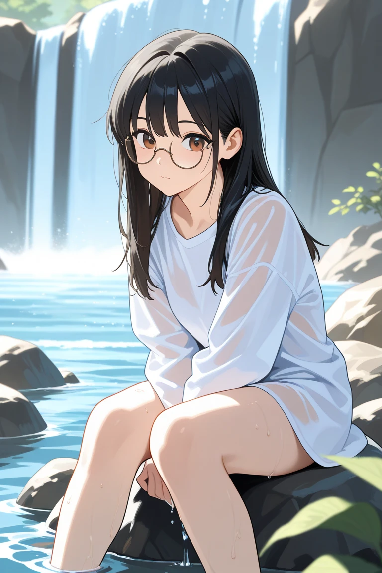 1girl, :3 smile, relaxed, curly long brown hair, brown low frame glasses, bottomless, blouse, erect nipples, water.