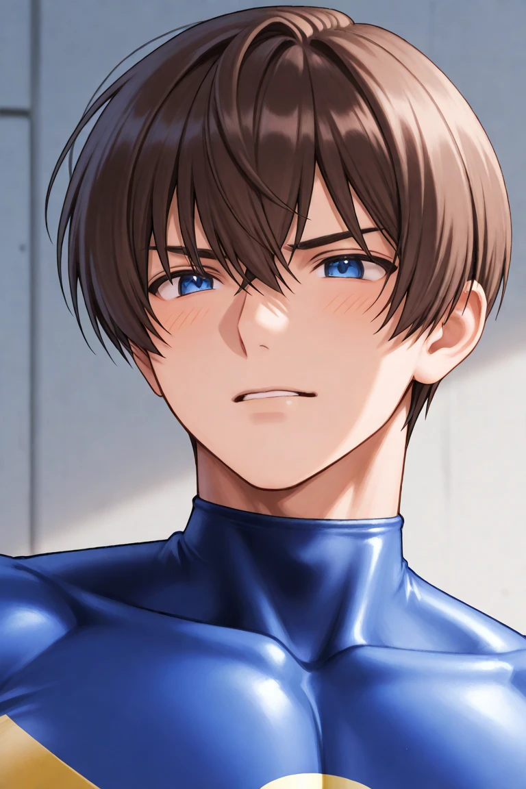 masterpiece, best quality, high quality, 1boy, solo, male focus, looking at viewer, upper body, <lora:naruhaya_asahi:0.70>, naruhaya_asahi, brown_hair, bodysuit