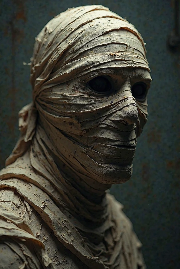 A standard statue mummy covered in dirty white bandages stands, wearing a flowing black robe. The mummy's eyes are hollow and sunken, emitting a faint eerie glow. The bandages wrap tightly around its body, revealing only the outline of its bony face and bony hands. The bandages show signs of wear and tear, with small patches of dirt and dust scattered across them. The mummy's black robe flutters, revealing glimpses of the bandages beneath. The lighting is set to a global studio setting, bathing the mummy in a soft, diffuse glow. The background is a blank, black poster. The medium used to create this artwork is a clay render 3D model, giving the mummy a realistic yet stylized appearance. The overall image quality is of the best quality, ensuring every detail is captured flawlessly. The mummy is set against a stark contrast of vivid colors, emphasizing its presence in the scene. The lighting accentuates the texture of the bandages and highlights the intricate details of the mummy's skeletal structure.