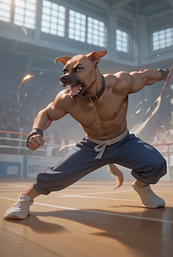 Dog punches a sandbag