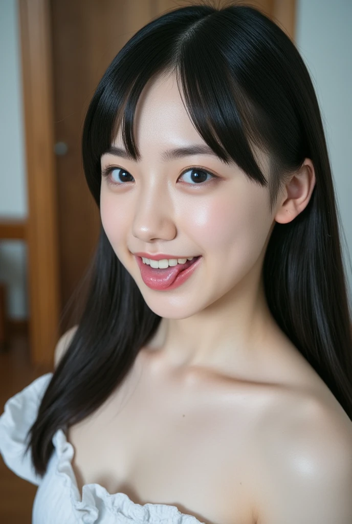 (masterpiece, Highest quality:1.4), Award-winning portraits, 8K, 85mm, alone, Beautiful Face, Delicate girl,  (Bedroom at night), Sophisticated, cute, 15 years old, RAW Photos, Confused, High resolution, Sharp focus, Background Blur、(((Flat Chest 、thin and delicate body、Childish atmosphere)))、shiny semi-long hair、ponytail、I have a small mole on my left cheek、 Dark brown eyes、sexy、flexible legs、Knee Shot、Smile shyly、Shot from below、Are sleeping