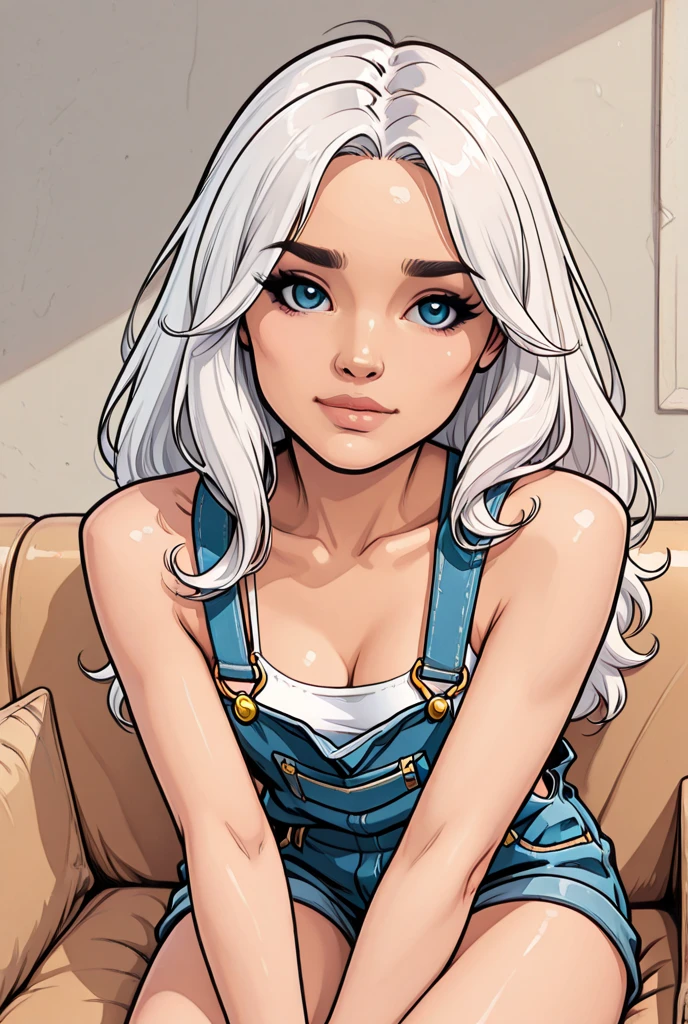 +Masterpiece, best quality, super detailed, a , beautiful face, rich details, (long white hair), perfect face, overalls, sitting, close-up, shabby sofa