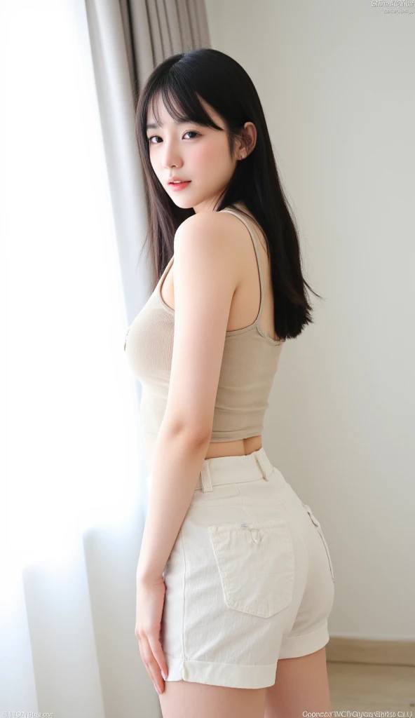 (realisticlying, A high resolution:1.3), 1 girl with a perfect body, Super fine face and eyes,long whitr hair, Tank top of random colors:1.2, short jeans pants, in a cafe, Coffee on the table, mideum breasts,tightsuit,The hands are on the back。