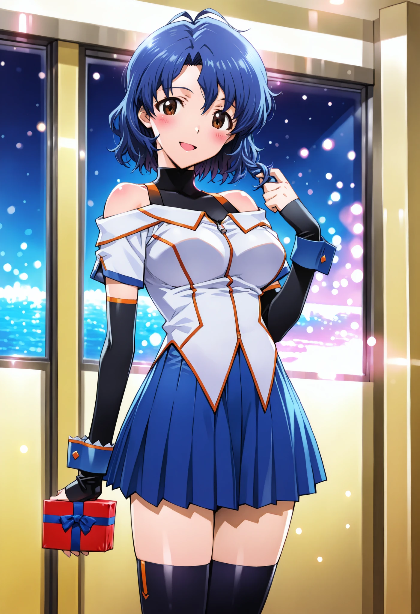 score_9, score_8_up, score_7_up, source_anime,BLE, BREAK,masterpiece, best quality, absurdres, (top quality),(super detailed),safe 1girl,1girl,(solo),ftk, short hair, antenna hair, wavy hair, hair between eyes, blue hair, brown eyes, (large breasts), toyokawa fuka,looking at viewer, smile, solo, blush,stage costume,((blue and white jacket:1.4)),((off-shoulder)),(black high neck leotard),((short_sleeves)),(((bare shoulders))),((detached sleeves,black sleeves,blue cuffs,sleeves past wrists)),,((blue skirt:1.4)),(((pleated_skirt:1.4))), black_thighhighs)),,,NSFW,breathing,full body,(Watery eye),(Close-up of a girl:0.7), (dressing room),High solution,. her hair is floating in the air, Reflecting agile movements, Contrasting colors enhance the lively atmosphere of the scene, The speed effect of moving lines adds an anime touch to the action.Injecting energy unique to anime,(Like a subtle blur),((smile:1.3)),night, backlighting, bokeh,((solo)),(((upset))),(((whole body))),(open mouth),masterpiece, best quality, break,beautiful, cute,blush:0.8,,((arms front:1.3)),((arms forward)),((hands holding gift box:1.4))),((twirling hair)),standing,ocean outside window,Sadamoto Yoshiyuki Style,cowboy shot,(((no one in the room except for 1girl:1.45))),(((1girl:1.4))),(((solo:1.4)))