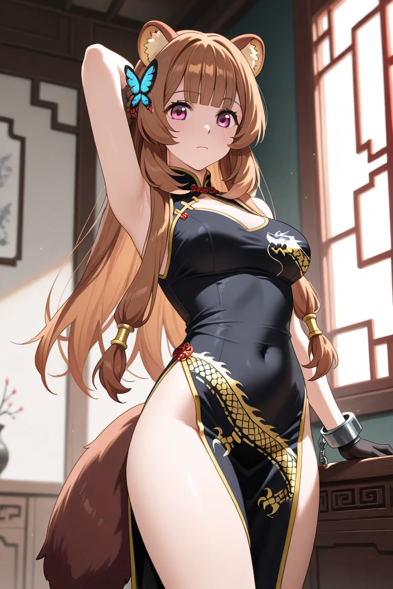 satono diamond (umamusume), 1girl, solo, long hair, breasts, looking at viewer, blush, bangs, large breasts, simple background, brown hair, thighhighs, gloves, white background, dress, holding, animal ears, cleavage, bare shoulders, brown eyes, sitting, tail, thighs, sleeveless, black gloves, black thighhighs, clothing cutout, covered navel, sleeveless dress, chinese clothes, cleavage cutout, horse ears, horse girl, china dress, hand fan, pelvic curtain, horse tail, half updo, green dress, folding fan, holding fan, ear ornament, ear ribbon