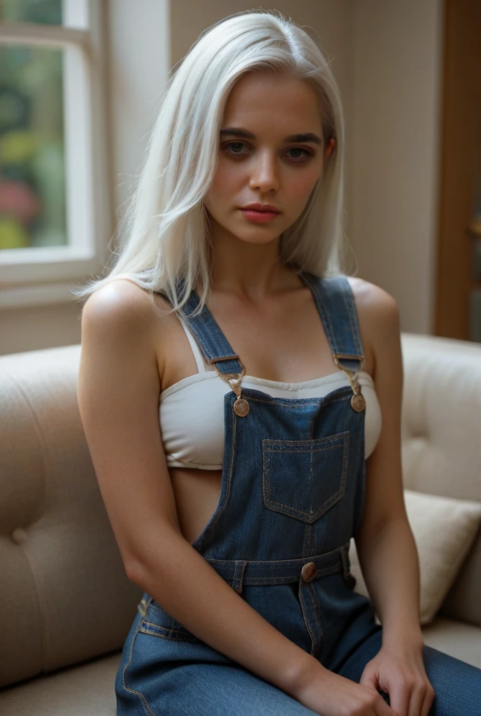 1girl, age 21, (nsfw), Alone, Long white hair, Stunning features, Gazing at Viewer, Pale skin, Freckles, Overalls, Sitting close, Shabby sofa, Masterpiece, Highest quality, Very detailed, Female student, Perfect Face, Rich details, (Subtly revealing top), Natural makeup, High-resolution, Hyper-realistic texture, Old rustic brown sofa, Warm lighting, Soft focus, Cinematic ambiance, RAW image, High-quality rendition, Sharp focus, Vibrant colors, Fine details, Emotive storytelling.