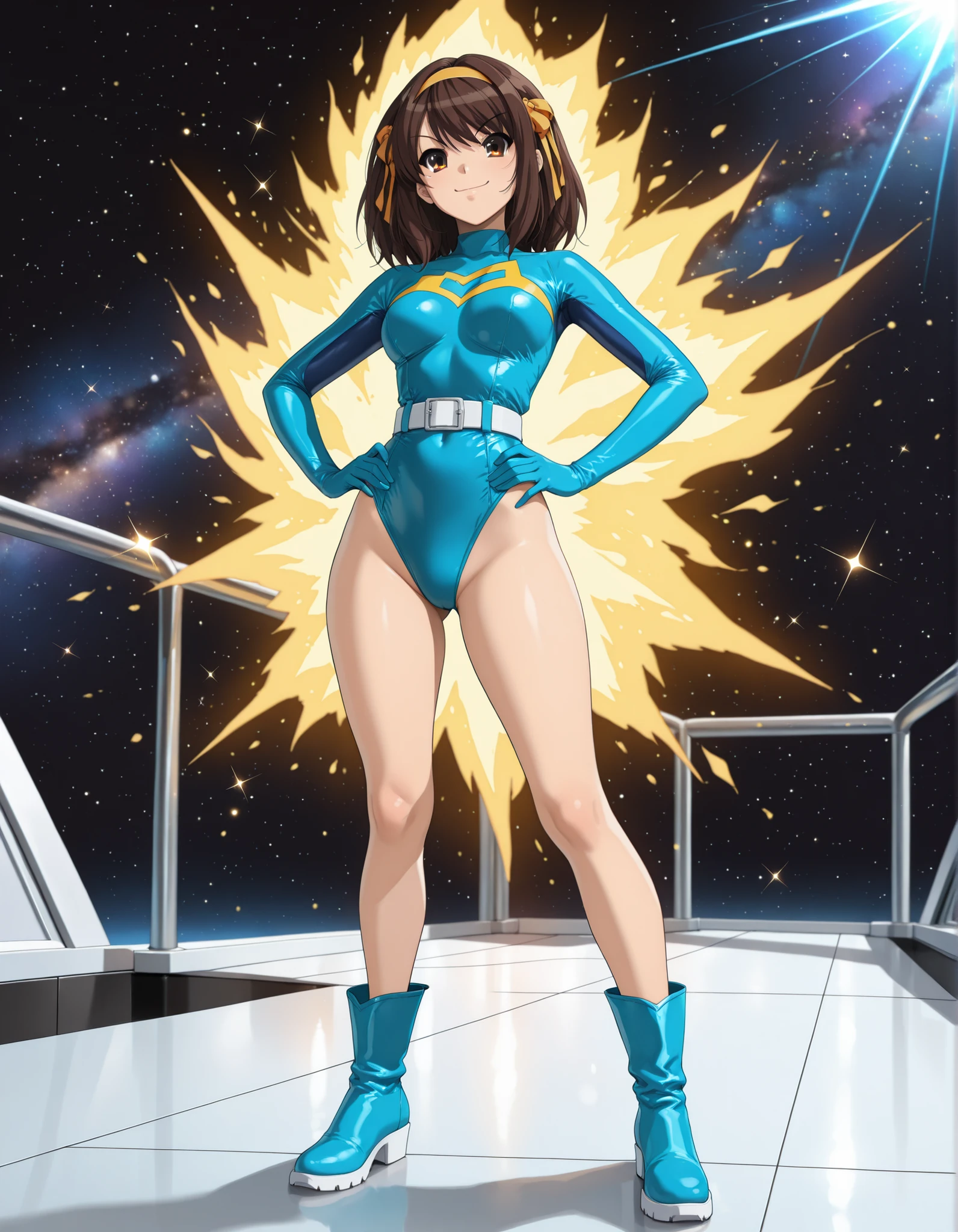 Masterpiece, best quality, high res, 8k, solo, solo focus, 1girl, sysdeep_haruhi, suzumiya haruhi as a superhero, (blue highleg leotard with white accents), (high waisted belt:1.4, tight belt:1.4), (bare legs:1.4), matching gloves, (matching boots, blue ankle boots:1.2), smile, standing straight, hands on hip, (her body glowing with a yellow aura:1.2), space background, diffraction spikes, light particles