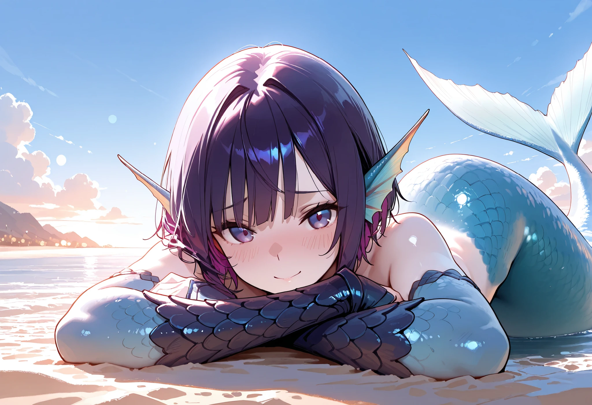 1girl, mermaid, dark hair, green eyes, pearl necklace, laying down, embarrassed, boob touch, sandy beaches. Peaceful ambiance. (masterpiece:1.2), (best quality:1.3).