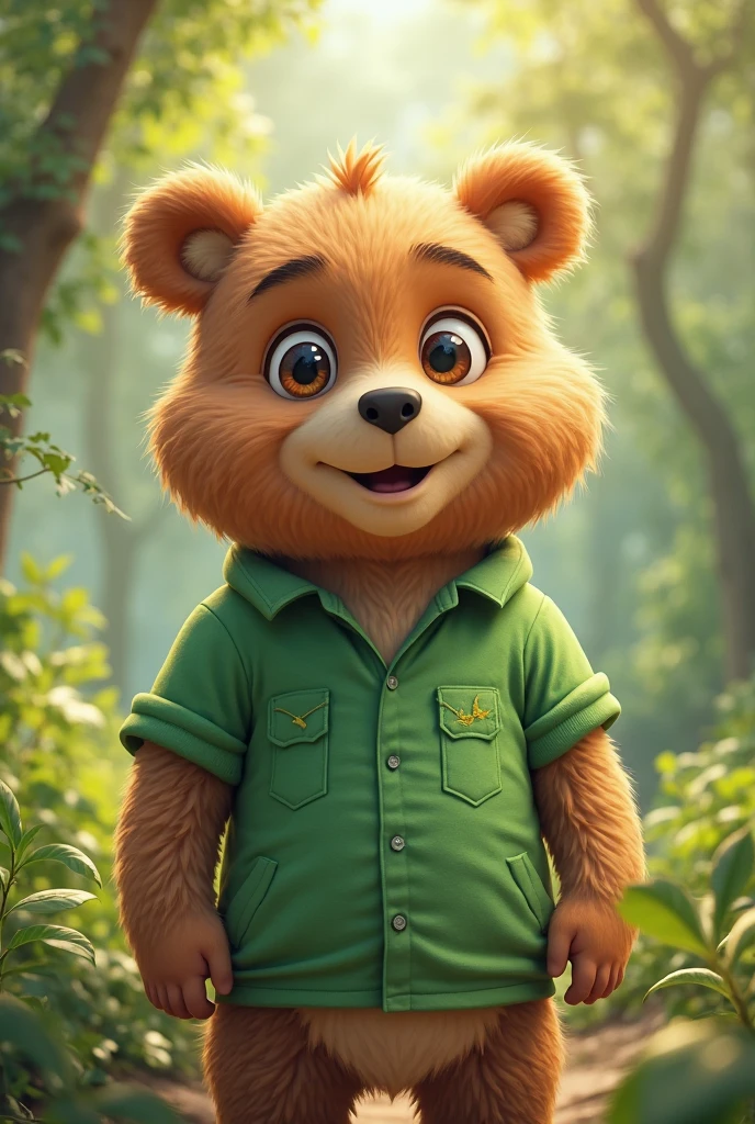 Create some images where a brown bear with a green jacket waving