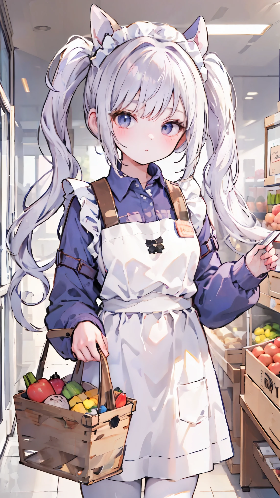 Bunny ears, white hair, twintails, maid, maid apron, deep blue shirt, shopping basket, buying vegetables, thinking about what to buy, tilt one's head