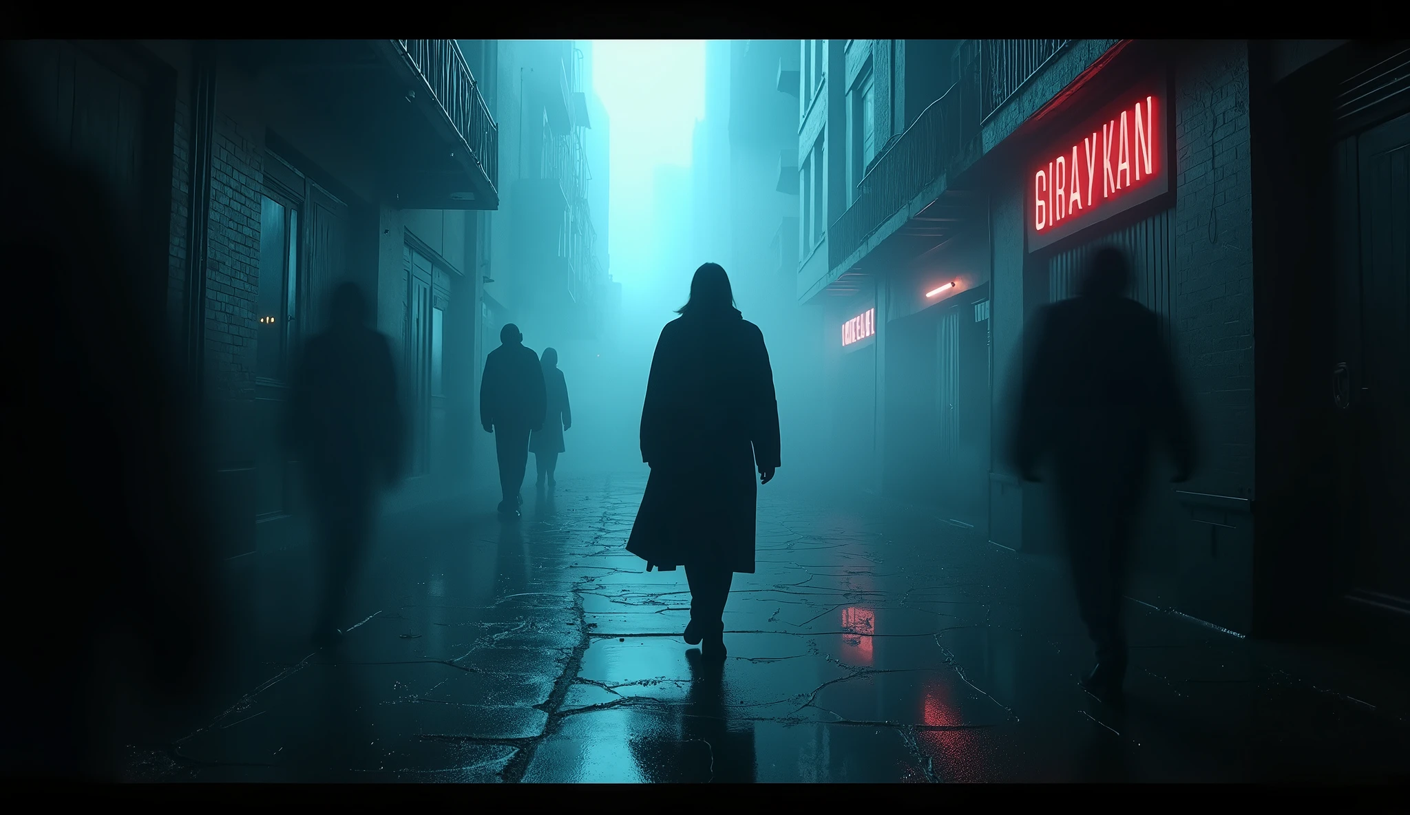 A dark, atmospheric music video featuring a lone figure awakening in a shadowed, surreal environment. The setting is a mist-covered, abandoned cityscape with flickering neon signs casting eerie reflections. The figure wanders through shifting corridors, lost in an endless maze, as ghostly silhouettes fade in and out of view. The lighting is dramatic, with deep contrasts between darkness and sudden bursts of cold blue and red illumination. The camera moves fluidly, capturing moments of distorted reality—mirrors that don't reflect correctly, buildings bending unnaturally, and shadows creeping towards the figure. The mood is haunting and introspective, embodying the themes of isolation, uncertainty, and hidden fears. Cinematic styling akin to psychological thriller aesthetics, with subtle visual glitches adding an unsettling edge.
