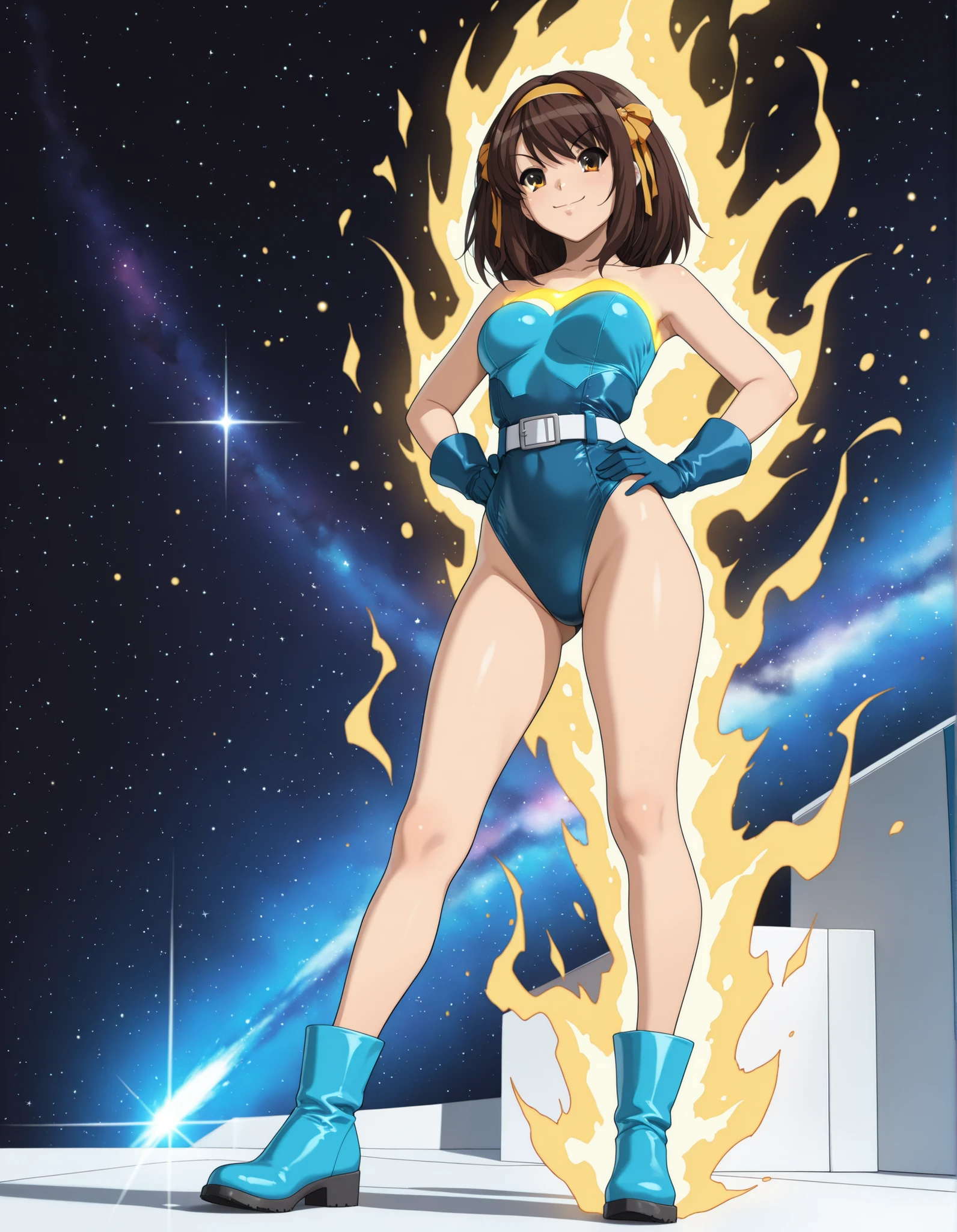masterpiece, best quality, highres, 1girl, solo, superhero, leotard, blue and white leotard, bare legs, brown hair, short hair, brown eyes, hairband, medium hair, ribbon, boots, matching boots, blue boots, medium breasts, cowboy shot, smile, space backdrop, haruhi suzumiya, kyoani haruhi style, sleeveless, hands on hip, looking at viewer, light particles, glowing,