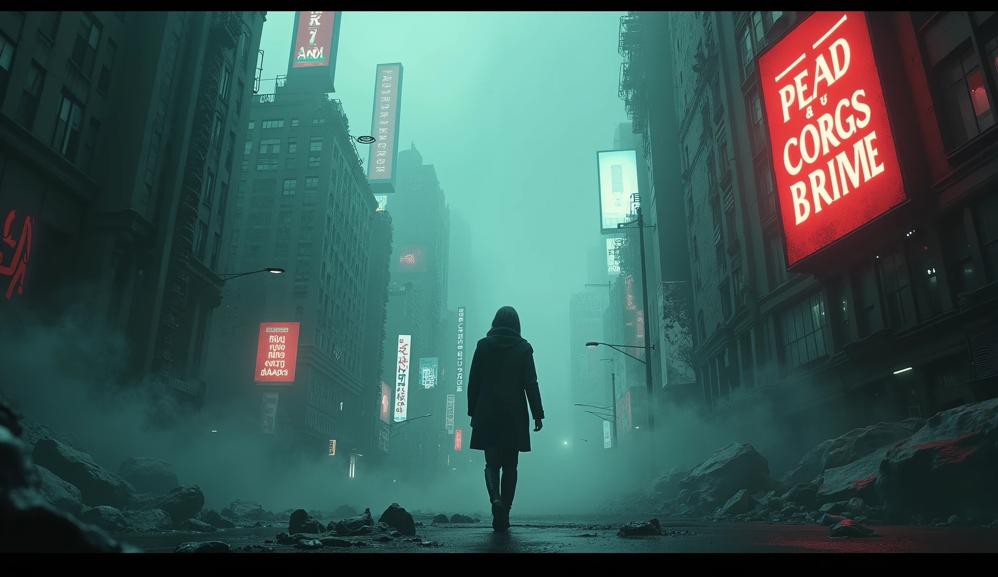 A haunting music video set in a distorted, dreamlike city where reality feels fractured. The protagonist wakes up in a cold, colorless world, stumbling through streets lined with towering, jagged structures. Billboards flash cryptic messages, their neon lights flickering erratically. Shadows stretch unnaturally, twisting like living entities. As the figure moves forward, they encounter reflections that show false versions of themselves—smiling masks over vacant expressions. The atmosphere is melancholic, with a muted color palette blending faded blues and grays, occasionally disrupted by bursts of violent red. The cinematography emphasizes disorientation, with shifting perspectives and blurred transitions. The journey unfolds like a fever dream, unraveling layers of deception, culminating in a moment of clarity where the protagonist stands atop a crumbling rooftop, staring into an endless void.
