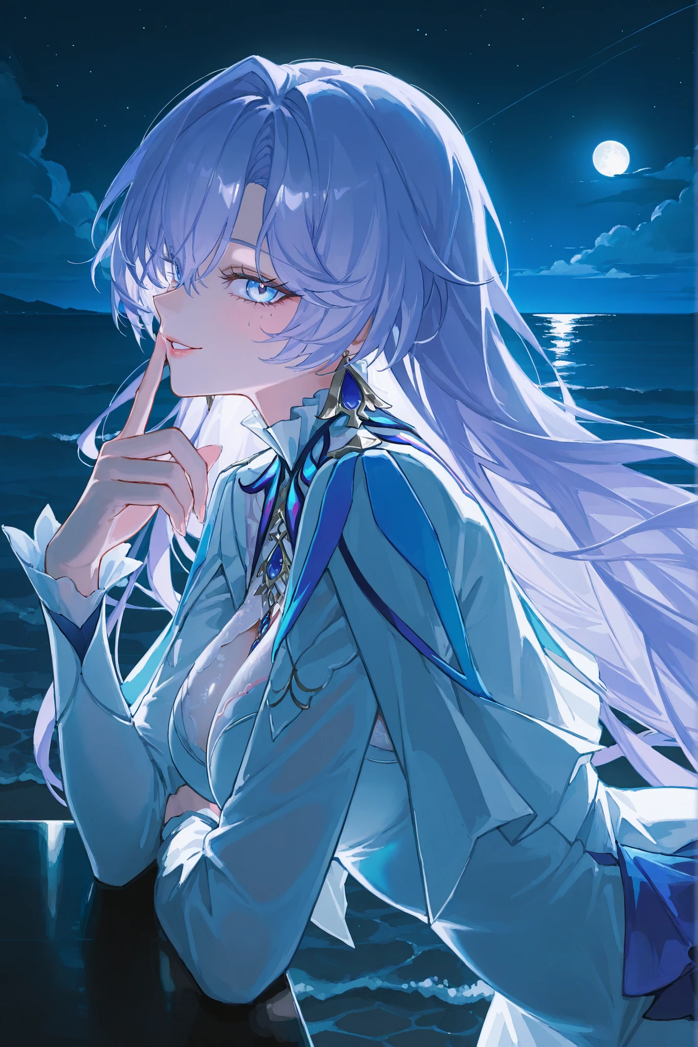 Персонаж Cantarella из wuthering waves, long lavender hair fluttering in the wind , long-haired, very big eyes, with her eyes , surprisingly wide patterns, blue eyes , Glass retina, the white clothes of the Cantarella character from the game wuthering waves , big plump lips , looks at the viewer, rosy cheeks, turns red , smile, shame , flirts, shine, better quality, Glass retina, ocean with , night sky with clouds and moon, night lighting, Night, thin and elegant , slim, emphasis on the eyes, detailed eyes, long background, leaned forward, touches lips with fingers, in profile