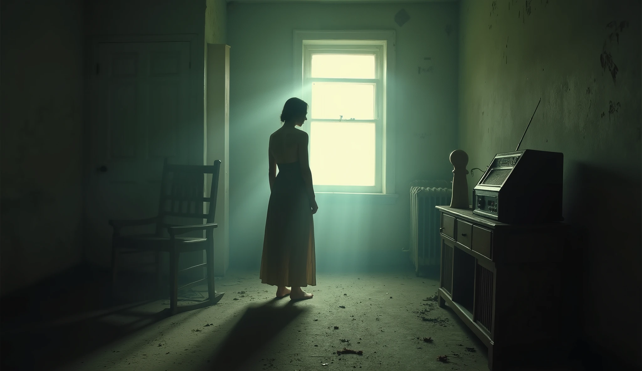 A somber, atmospheric music video set in an abandoned house, where echoes of the past linger in the air. Dust dances through beams of pale light, illuminating remnants of a life once lived—worn photographs, a rocking chair swaying gently without touch, faint whispers reverberating through the empty halls. The protagonist moves cautiously, listening to the unspoken voices that drift like ghosts around them. Walls pulse with fragmented memories, flickering between reality and illusion. The cinematography employs slow, lingering shots with deep shadows and muted tones, evoking a sense of longing and unresolved grief. As the video progresses, the silence grows heavier, until the final moment—where the protagonist stands alone, staring at an old radio crackling with static, waiting for a voice that never comes.