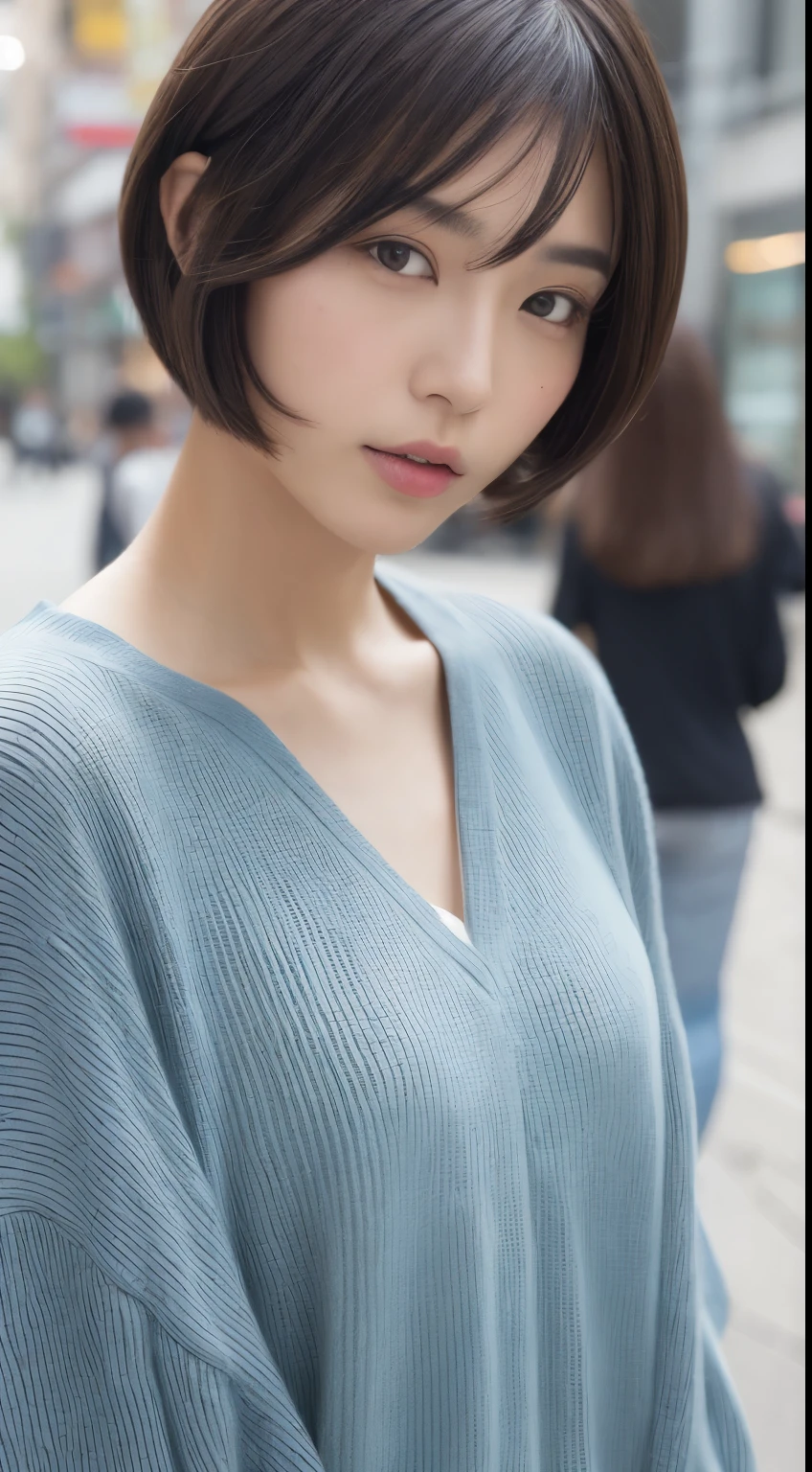 (Highest quality、8k、32K、masterpiece)、Japanese Beauty、((Big Breasts))、Very short bob hair、Upper body、Face Focus、Cotton sweater、Simple Background、Looking at the audience