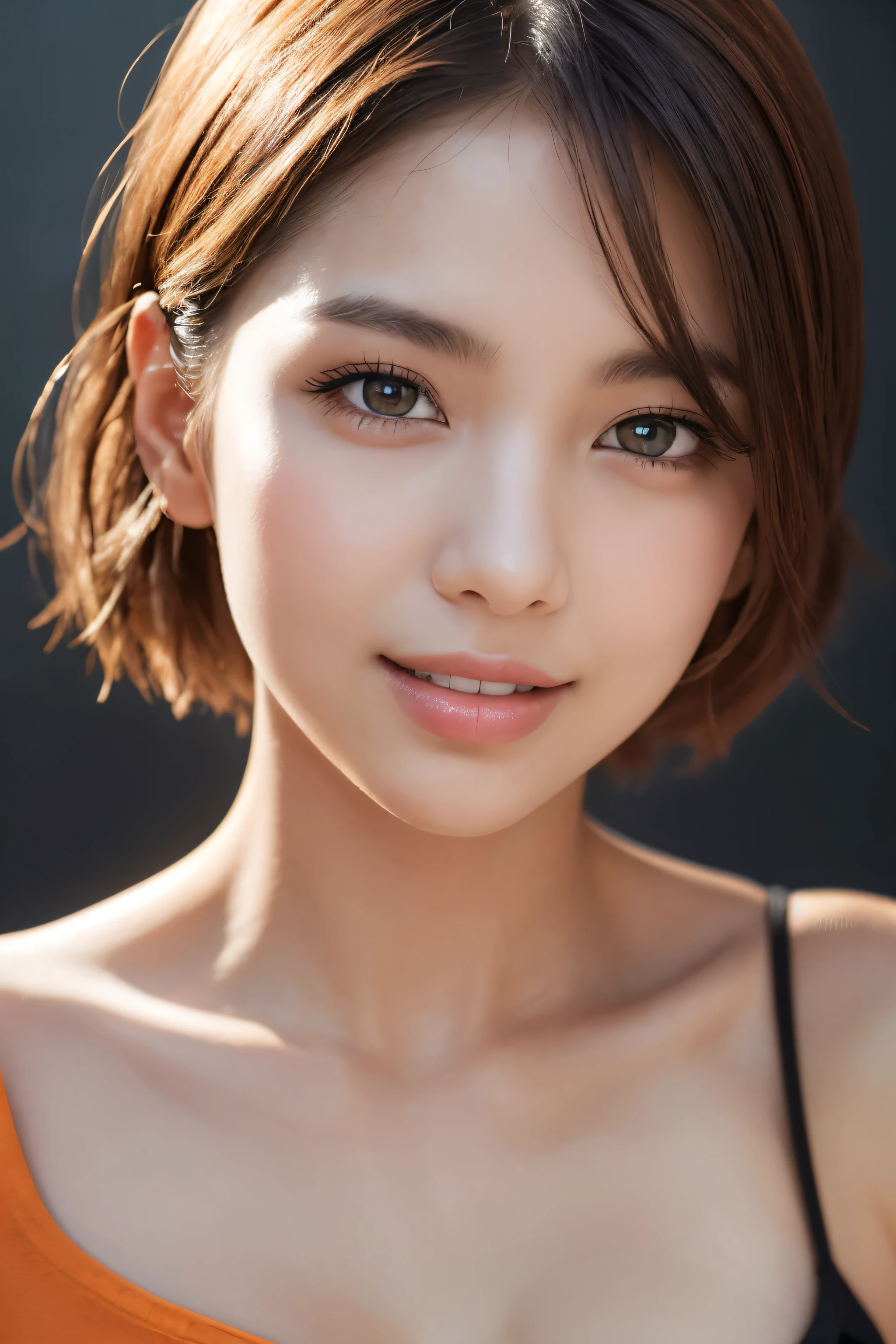 (masterpiece:1.3), high resolution, ultra detailed, extremely detailed CG unity 16k wallpaper, realistic, photo-realistic, RAW photo, super fucking beautiful detailed face, natural makeup, pale skin, realistic glistening skin, detailed cloth texture, detailed hair texture, beautiful detailed fullbody, Perfect female body, accurate, Anatomically correct, Highly detailed face and skin texture, natural neck length, (beautiful hands), (fair skin:1.1), (well-aligned teeth:1.1), (Sweaty skin:1.2), 
BREAK, 
Detailed eyes, symmetric eyes, Light Brown eyes, Double eyelids, Thin eyebrows, (Glossy lips:1.4), ((A face with waiting for a kiss:1.2)), (blush:1.1), (A sparkling small hair accessory:1.1), (beautiful smile:1.1)
BREAK, 
((beautiful large breasts, cleavage:1.3)), 
((short hair, Dark blonde hair, bangs:1.2)),  (looking at viewer:1.3), 
BREAK, 
(bikini:1.3)
