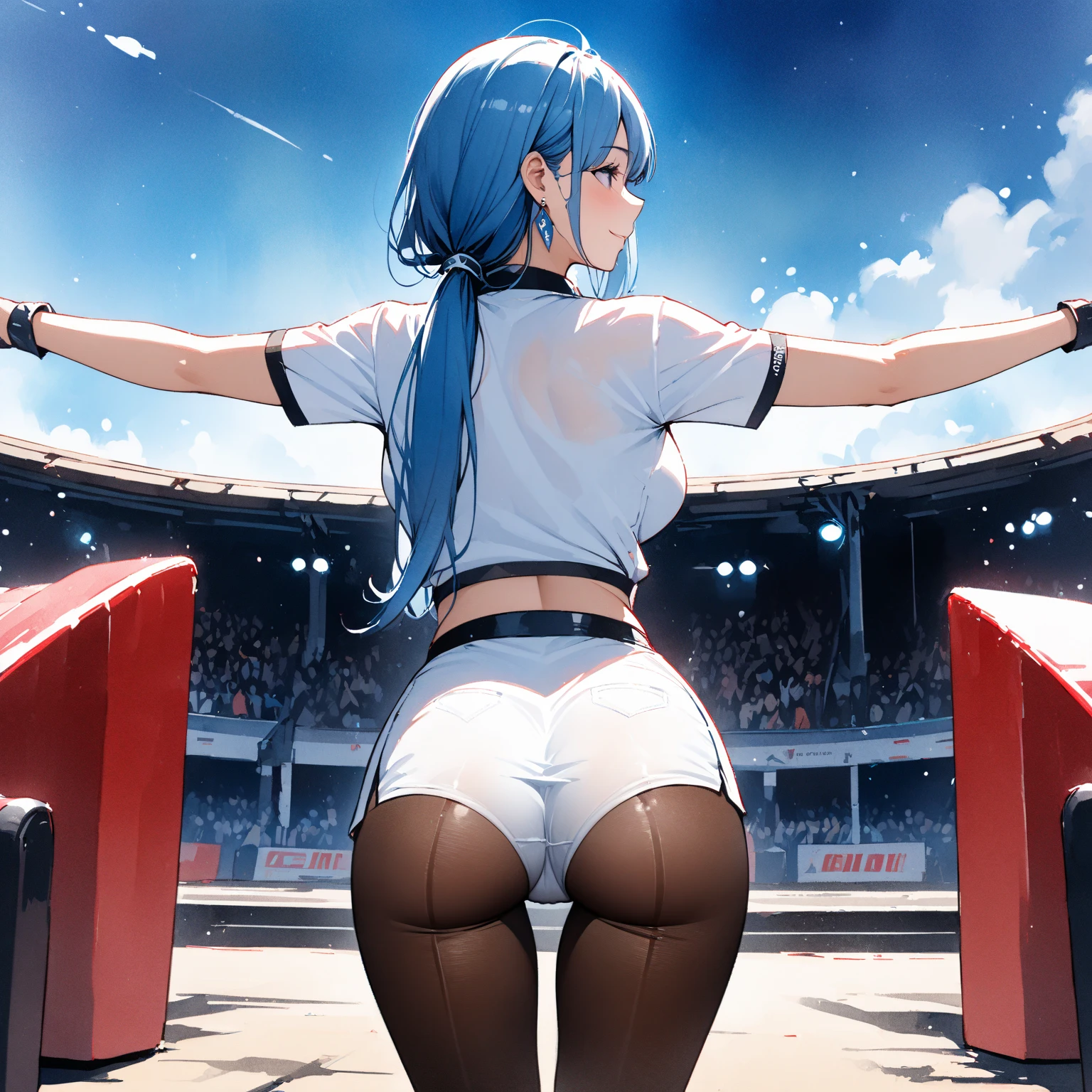 best quality,ultra detailed,extremely detailed and beautiful,perfect anatomy,perfect hands,(outdoor,sea)++, (1GIRL)+++, (HOSHIMACHI SUISEI),blue eyes,blue hair, long hair,topless, micro bikini, pov,seductive smile,(looking back),Forward bending,standing,(pussy:1.3)+,(spread anus:1.4), (flat chest:1.3), star hair ornament , choker, (crowd of people)+,